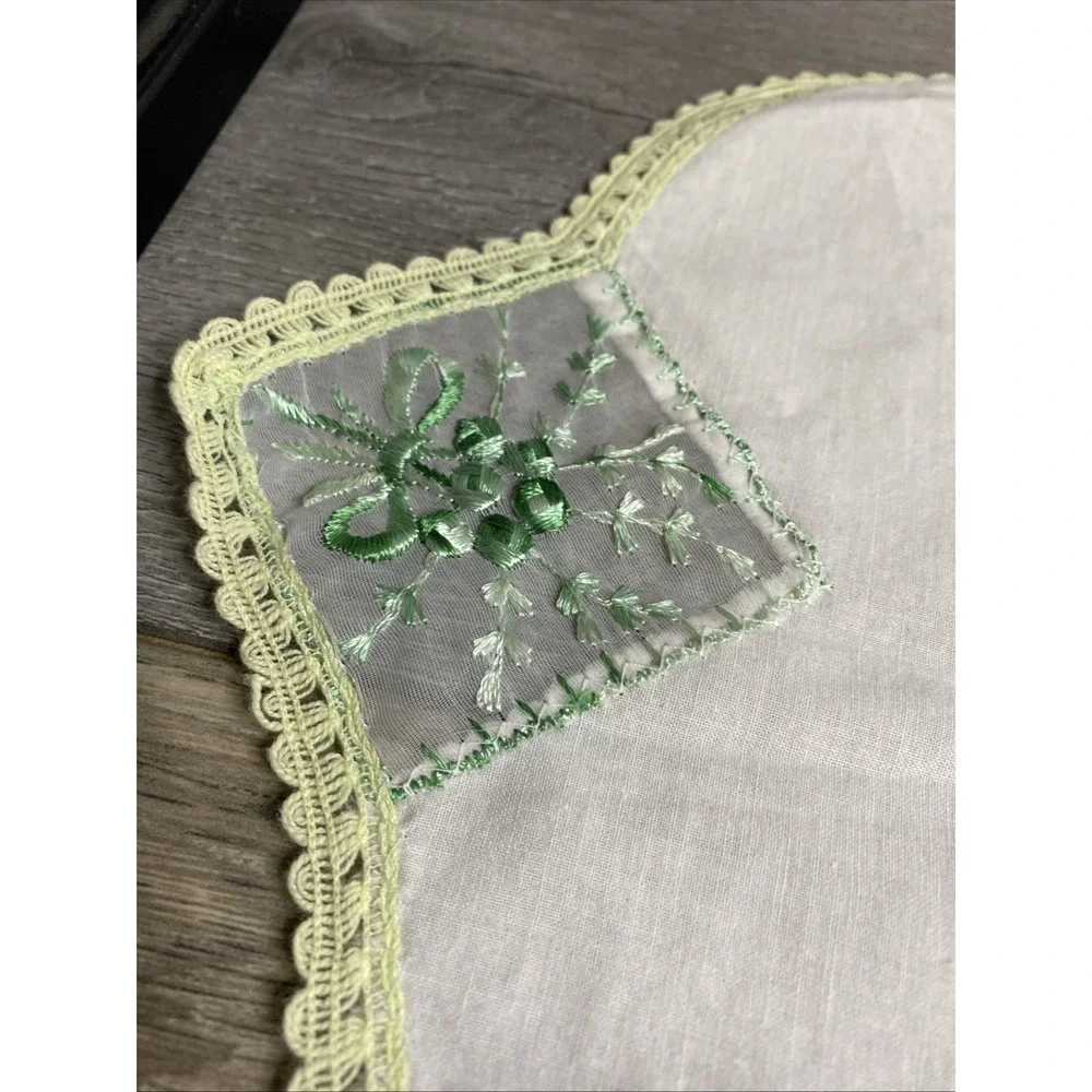 White Dresser Scarf w Yellow Crocheted Trim & Green Embroider Floral Print 26x12